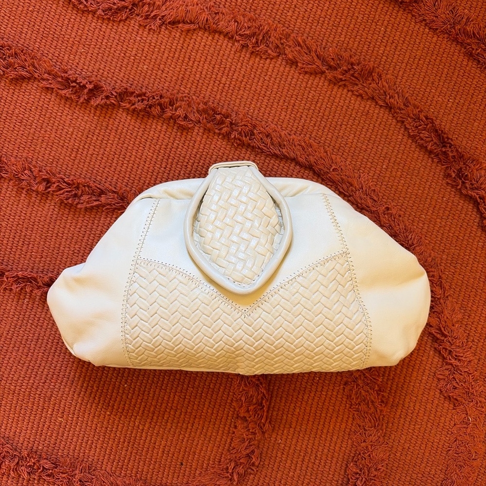 Cream Woven Leather Clutch Bag